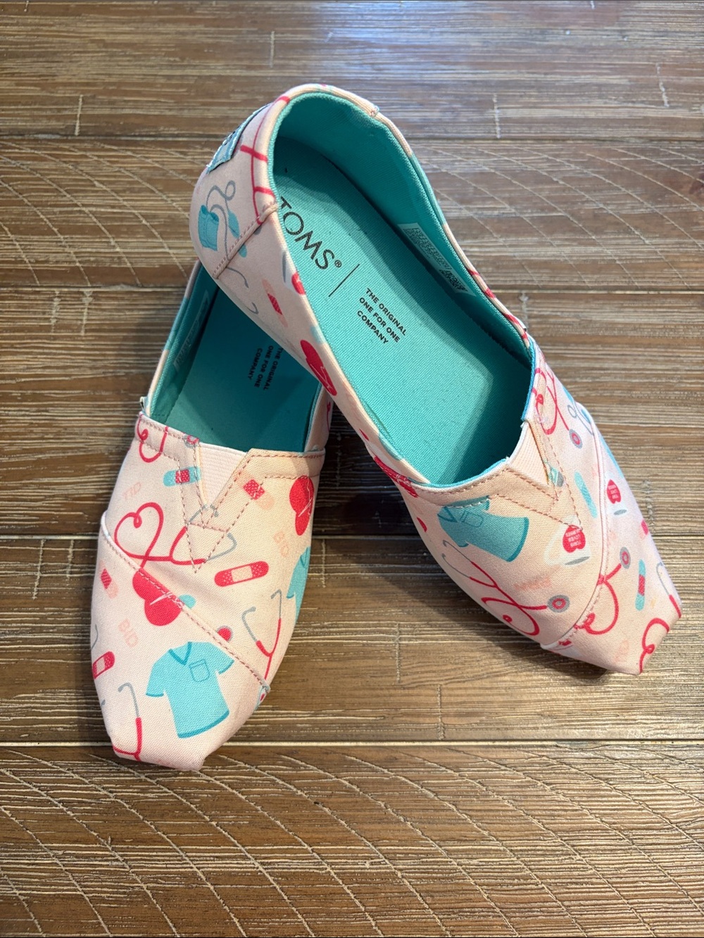 TOMS Pink Canvas Slip-On with Teal and Pink Medical Print